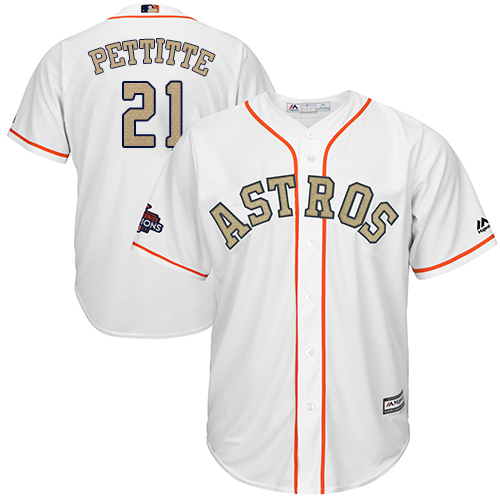Men's Majestic Houston Astros #21 Andy Pettitte Replica White 2018 Gold Program Cool Base MLB Jersey