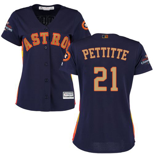 Women's Majestic Houston Astros #21 Andy Pettitte Authentic Navy Blue Alternate 2018 Gold Program Cool Base MLB Jersey
