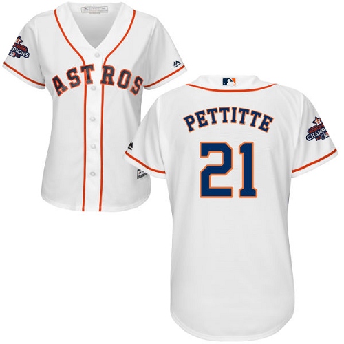 Women's Majestic Houston Astros #21 Andy Pettitte Replica White Home 2017 World Series Champions Cool Base MLB Jersey