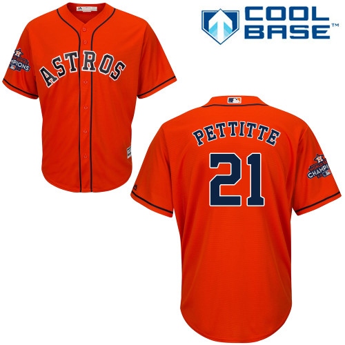 Youth Majestic Houston Astros #21 Andy Pettitte Authentic Orange Alternate 2017 World Series Champions Cool Base MLB Jersey