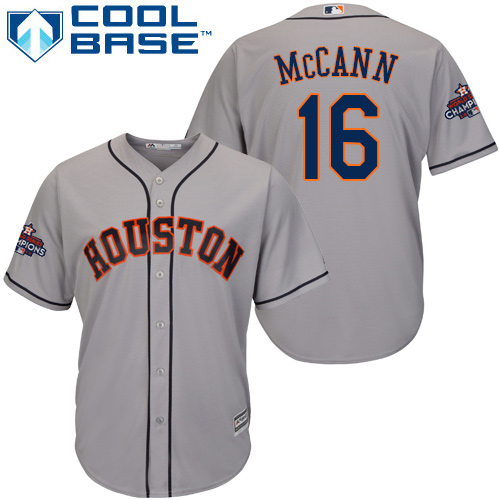 Youth Majestic Houston Astros #16 Brian McCann Authentic Grey Road 2017 World Series Champions Cool Base MLB Jersey