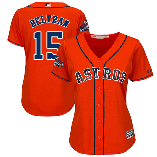 Women's Majestic Houston Astros #15 Carlos Beltran Replica Orange Alternate 2017 World Series Champions Cool Base MLB Jersey