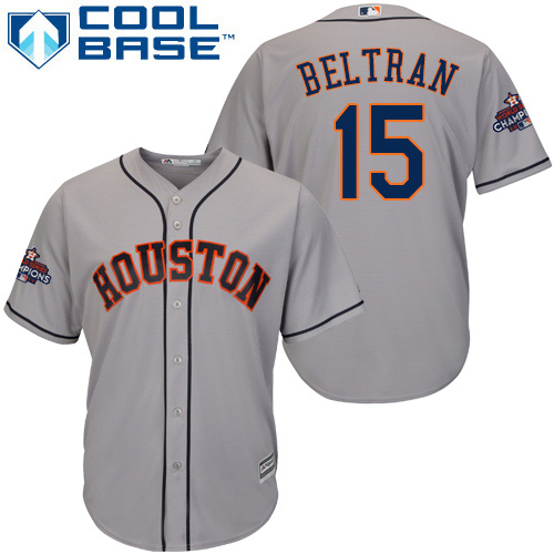 Youth Majestic Houston Astros #15 Carlos Beltran Authentic Grey Road 2017 World Series Champions Cool Base MLB Jersey