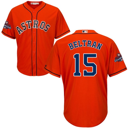 Youth Majestic Houston Astros #15 Carlos Beltran Authentic Orange Alternate 2017 World Series Champions Cool Base MLB Jersey