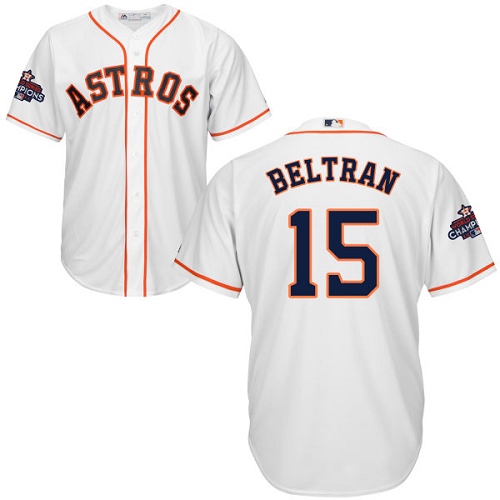 Youth Majestic Houston Astros #15 Carlos Beltran Replica White Home 2017 World Series Champions Cool Base MLB Jersey