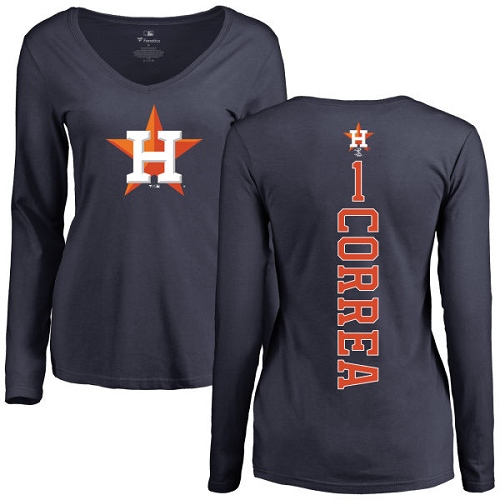MLB Women's Nike Houston Astros #1 Carlos Correa Navy Blue Backer Long Sleeve T-Shirt