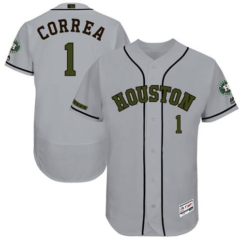 Men's Majestic Houston Astros #1 Carlos Correa Grey Memorial Day Authentic Collection Flex Base MLB Jersey