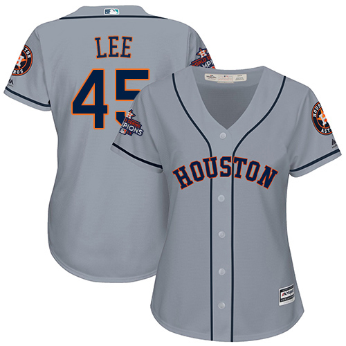 Women's Majestic Houston Astros #45 Carlos Lee Authentic Grey Road 2017 World Series Champions Cool Base MLB Jersey