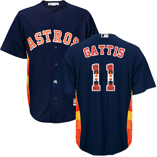 Men's Majestic Houston Astros #11 Evan Gattis Authentic Navy Blue Team Logo Fashion Cool Base MLB Jersey