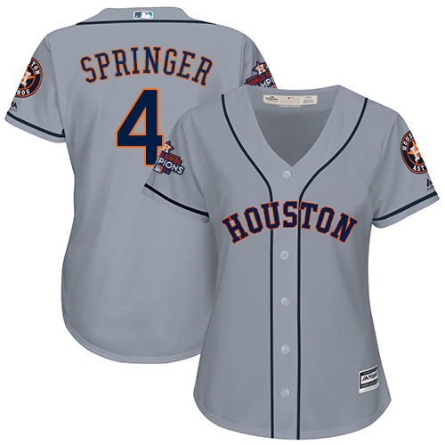 Women's Majestic Houston Astros #4 George Springer Replica Grey Road 2017 World Series Champions Cool Base MLB Jersey