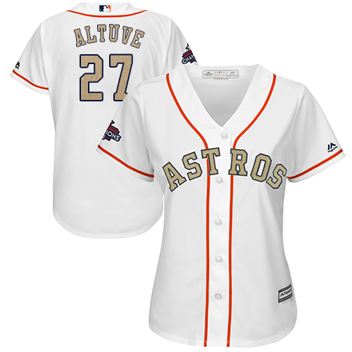 Women's Majestic Houston Astros #27 Jose Altuve Authentic White 2018 Gold Program Cool Base MLB Jersey