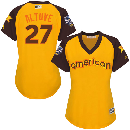 Women's Majestic Houston Astros #27 Jose Altuve Authentic Yellow 2016 All-Star American League BP Cool Base MLB Jersey