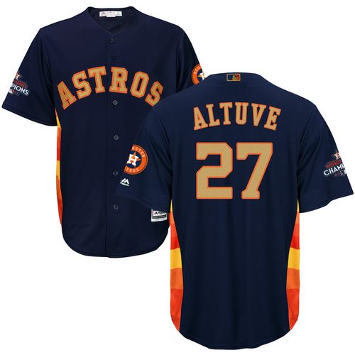 Youth Majestic Houston Astros #27 Jose Altuve Authentic Navy Blue Alternate 2018 Gold Program Cool Base MLB Jersey