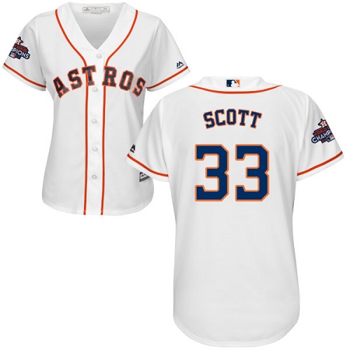 Women's Majestic Houston Astros #33 Mike Scott Authentic White Home 2017 World Series Champions Cool Base MLB Jersey