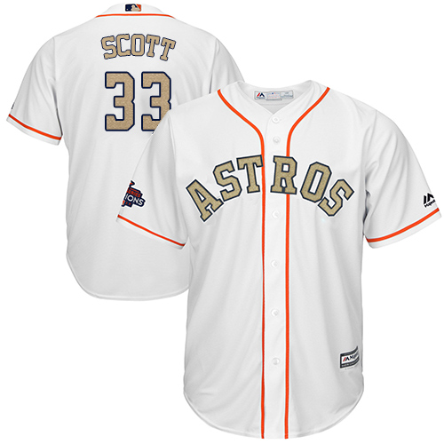 Youth Majestic Houston Astros #33 Mike Scott Authentic White 2018 Gold Program Cool Base MLB Jersey
