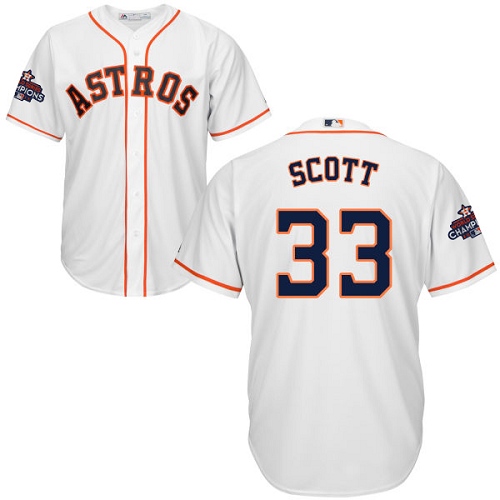 Youth Majestic Houston Astros #33 Mike Scott Replica White Home 2017 World Series Champions Cool Base MLB Jersey